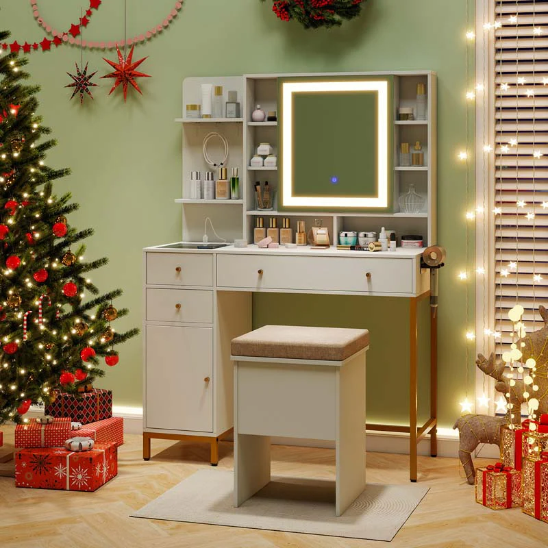 Eletriclife Makeup Dressing Table and Stool set with 3 Lighting Modes and Cabinet