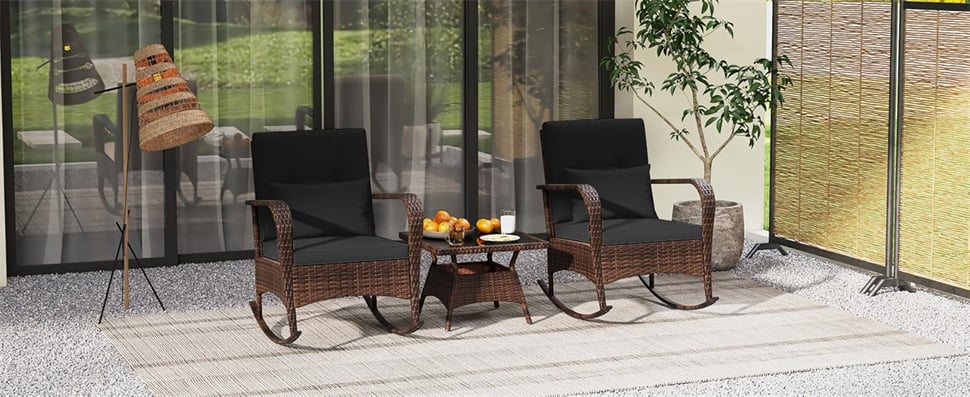 Eletriclife 3-Piece Outdoor Wicker Rocking Chair Set with Cushions & Pillows, Tempered Glass Coffee Table for Porch Balcony