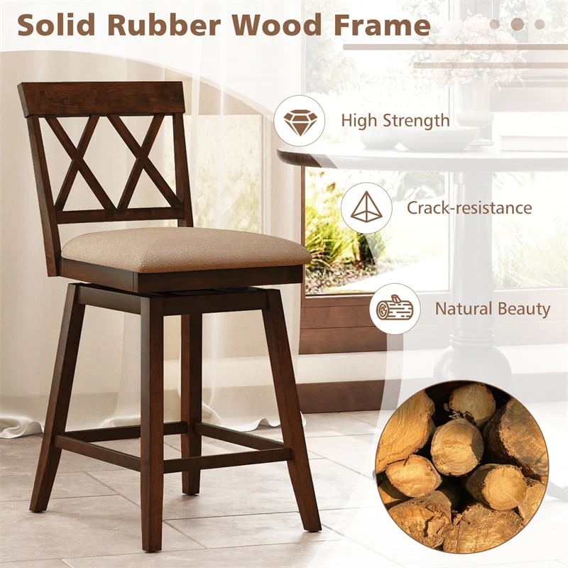 Eletriclife Swivel Bar Stools Set of 2, 24" Counter Height with Backrest, Padded Seat & Rubber Wood Frame for Kitchen Islands