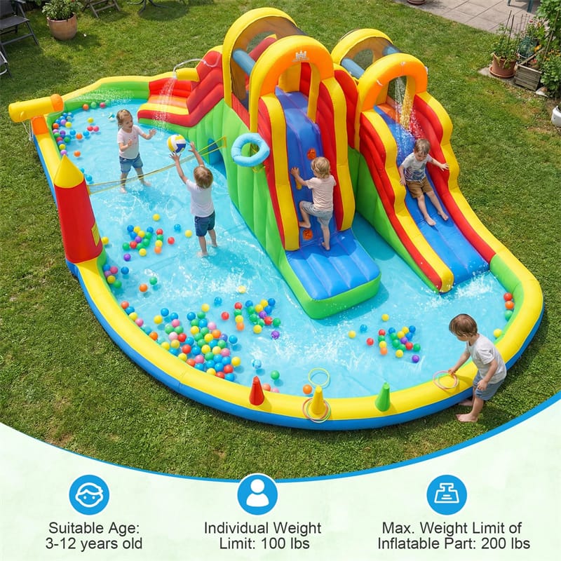 Eletriclife 8-in-1 Inflatable Water Slide Park Giant Backyard Bounce House with 2 Long Slides & Climbing Walls