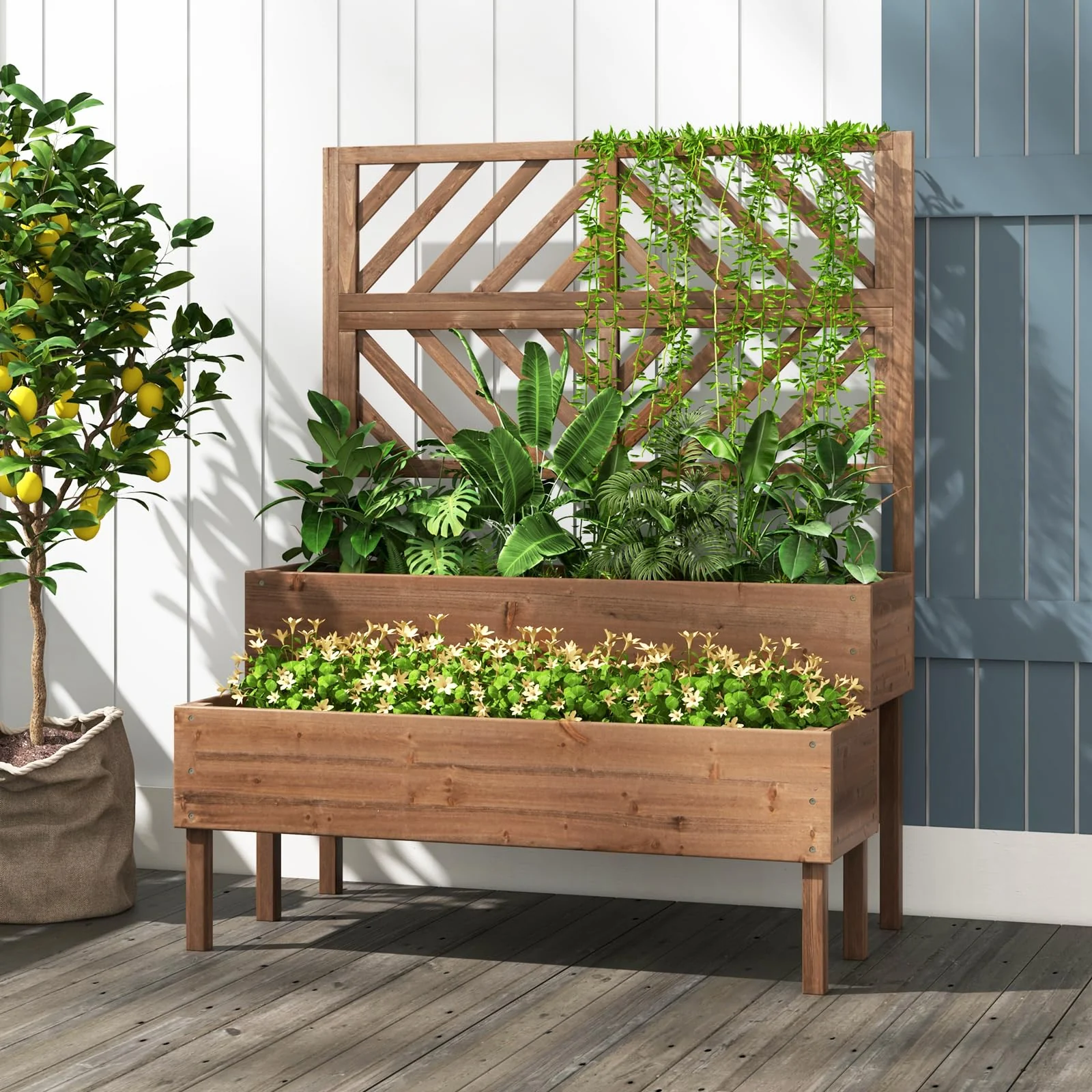 Eletriclife 2-Tier Raised Garden Bed with Trellis and 2 Planter Boxes
