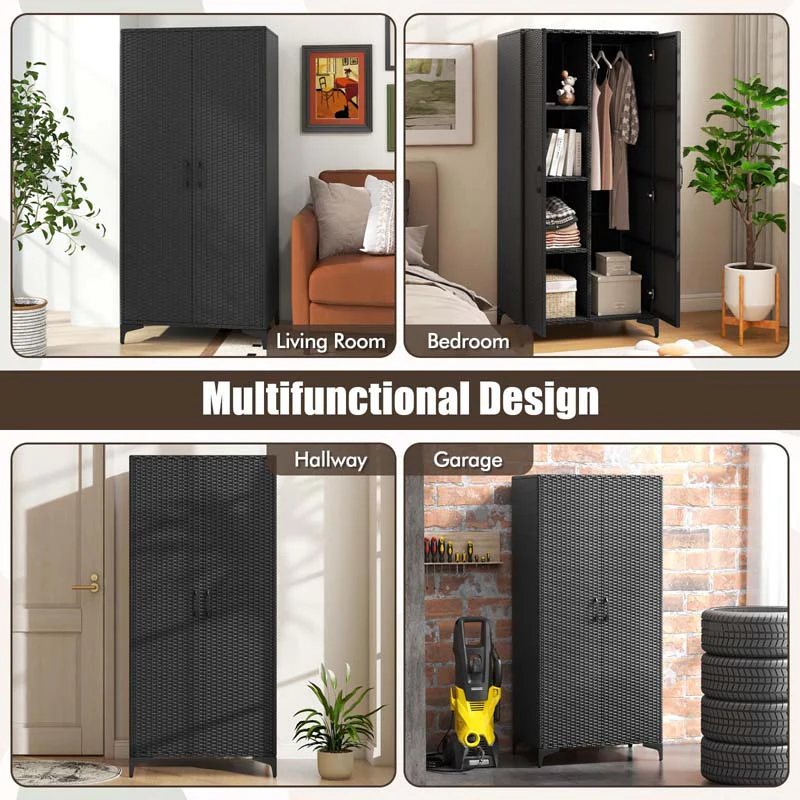 Eletriclife 62 Inch Wicker Wardrobe with 2 Doors PE Rattan Closet with Hanging Rod