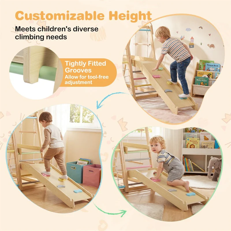 Eletriclife 8-in-1 Wooden Indoor Jungle Gym Montessori Climber Playset with Slide & Swing for Kids