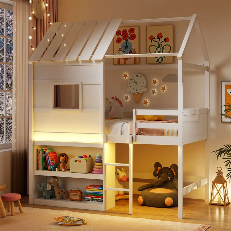 Eletriclife Twin Loft Bed with LED Lights, Kids House Bed with Roof & Window