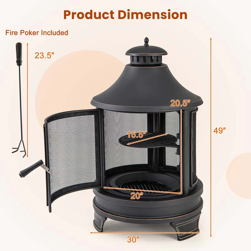 Eletriclife 30 Inch Outdoor Fire Pit Chiminea with Grill for Garden BBQ