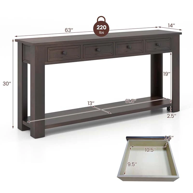 Eletriclife 63 Inches Farmhouse Entryway Table with 4 Storage Drawers and Open Shelf