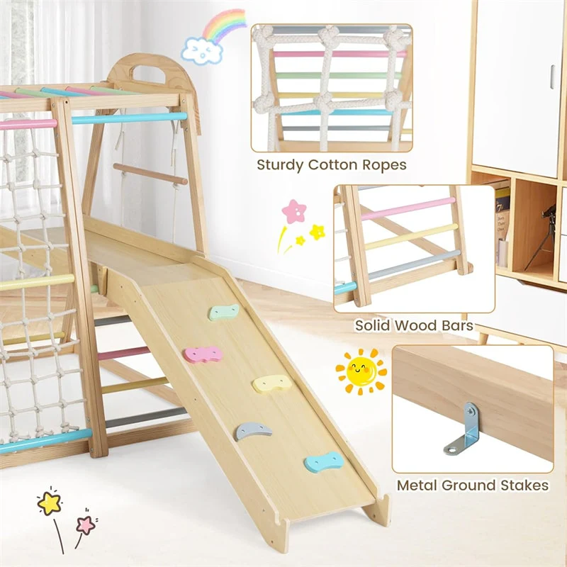 Eletriclife 8-in-1 Wooden Indoor Jungle Gym Montessori Climber Playset with Slide & Swing for Kids