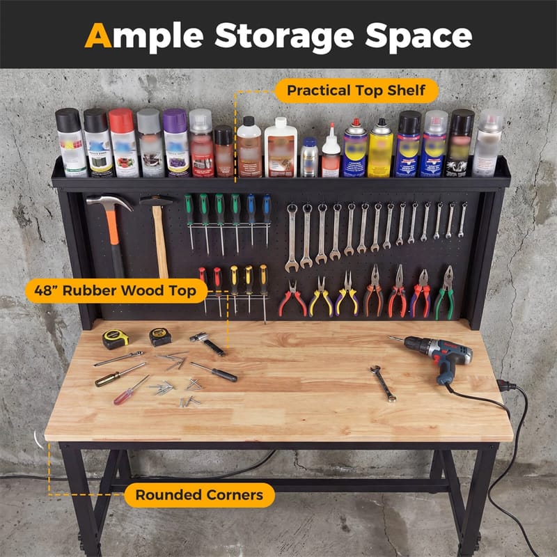 Eletriclife 48" Heavy-Duty Workbench with AC/USB Outlets & Pegboard, 2000 LBS Max Load for Garage, Workshop