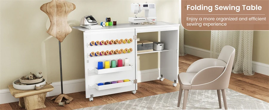 Eletriclife Folding Sewing Table Farmhouse Sewing Machine Cabinet with Barn Door, 18 Pegs & 2 Storage Trays