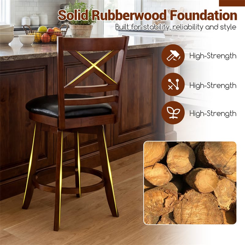 Eletriclife Set of 2 Swivel Counter Height Bar Stools 25" Rubber Wood Barstools with High Back