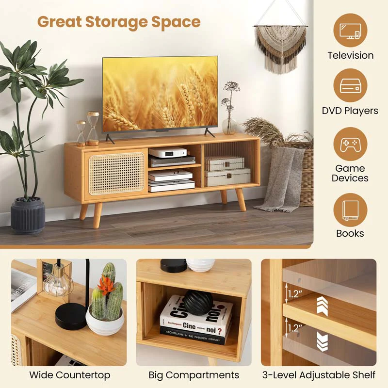 Eletriclife Modern TV Stand with Rattan Glass Sliding Doors
