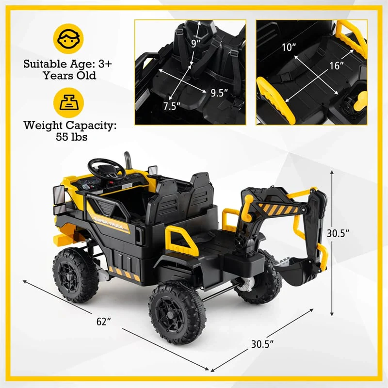 Eletriclife 24V Ride-On Excavator 4WD Electric Construction Truck with Remote Control for Kids Ages 3