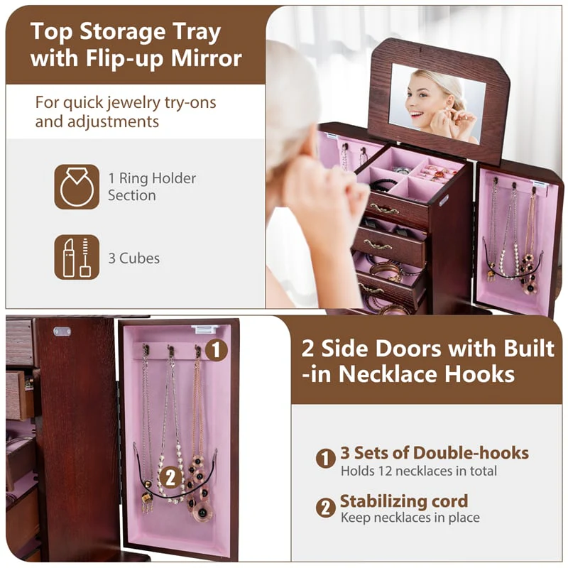 Eletriclife Vintage Wood Standing Jewelry Armoire Cabinet with Flip Top Mirror 4 Drawers