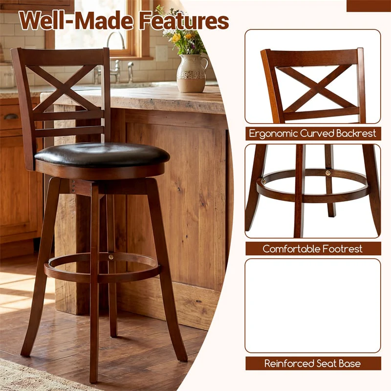 Eletriclife Set of 2 Swivel Counter Height Bar Stools 30.5" Rubber Wood Barstools with High Back