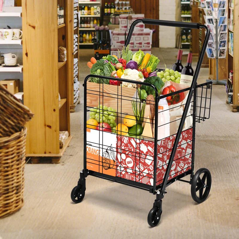 Eletriclife Double Basket Folding Jumbo Shopping Cart with 360 Rolling Swivel Wheels