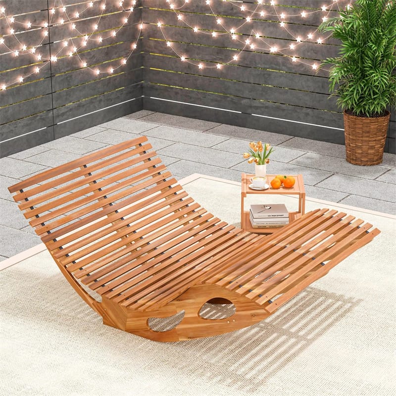 Eletriclife Acacia Wood Outdoor Double Rocking Chaise Lounge with Slatted High Backrest & Seat for Poolside