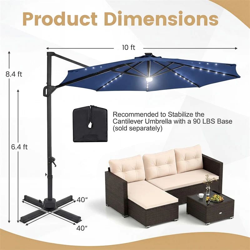 Eletriclife 10FT Cantilever Patio Umbrella with 36 Solar LED Lights 360° Rotation Offset Hanging Umbrella for Pool Yard