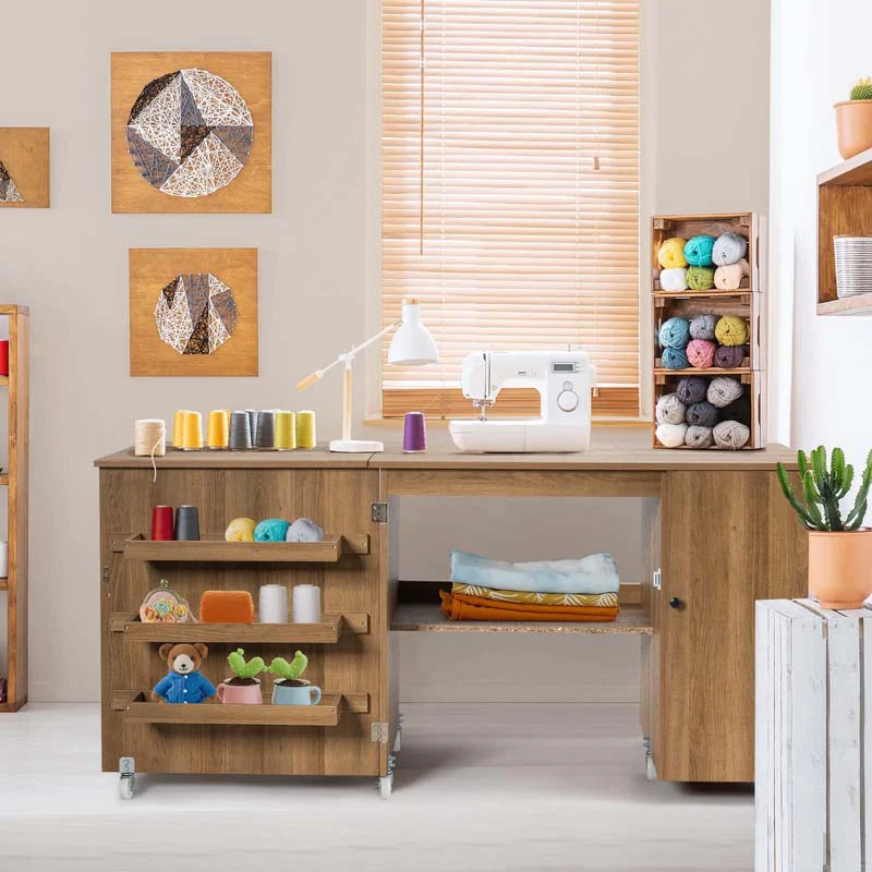 Eletriclife Folding Large Sewing Table Storage Shelves and Lockable Casters