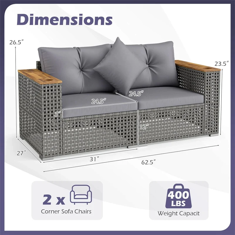 Eletriclife 62.5" Modular Patio Wicker Loveseat with Acacia Wood Armrests & Cup Holders for Garden Backyard
