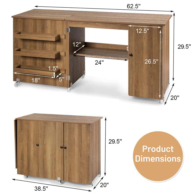 Eletriclife Folding Large Sewing Table Storage Shelves and Lockable Casters