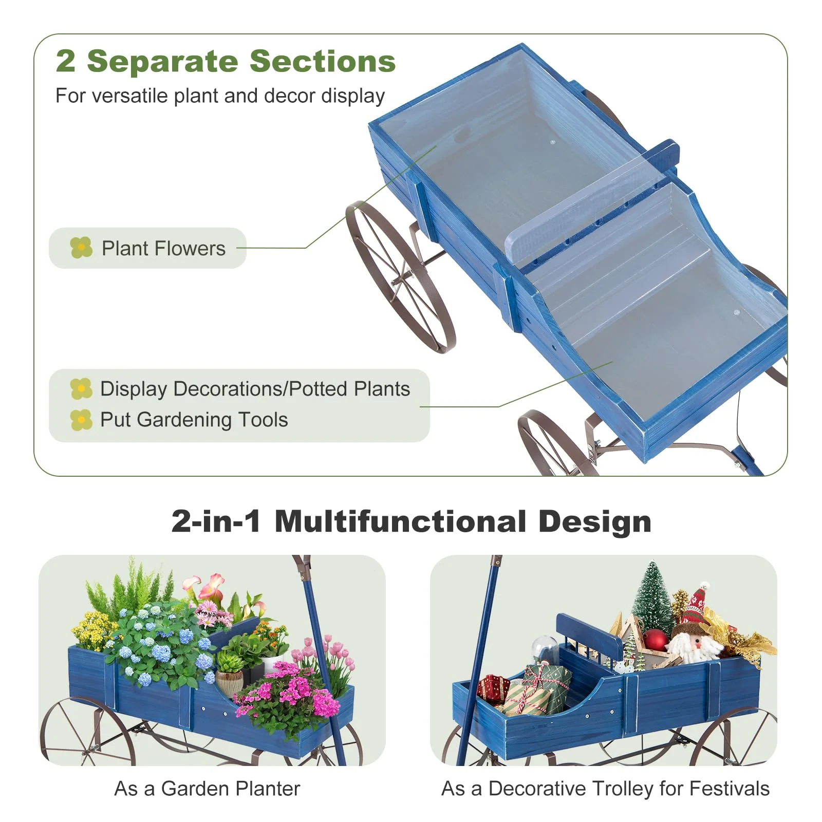 Eletriclife 24.5" x 13.5" x 24" Wooden Wagon Decorative Garden Planter with 2 Planting Sections
