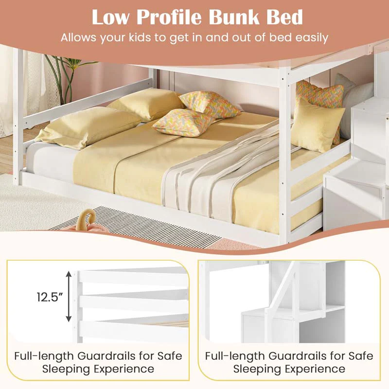 Eletriclife Solid Wood Full Over Full Low Bunk Bed with Storage Stairs
