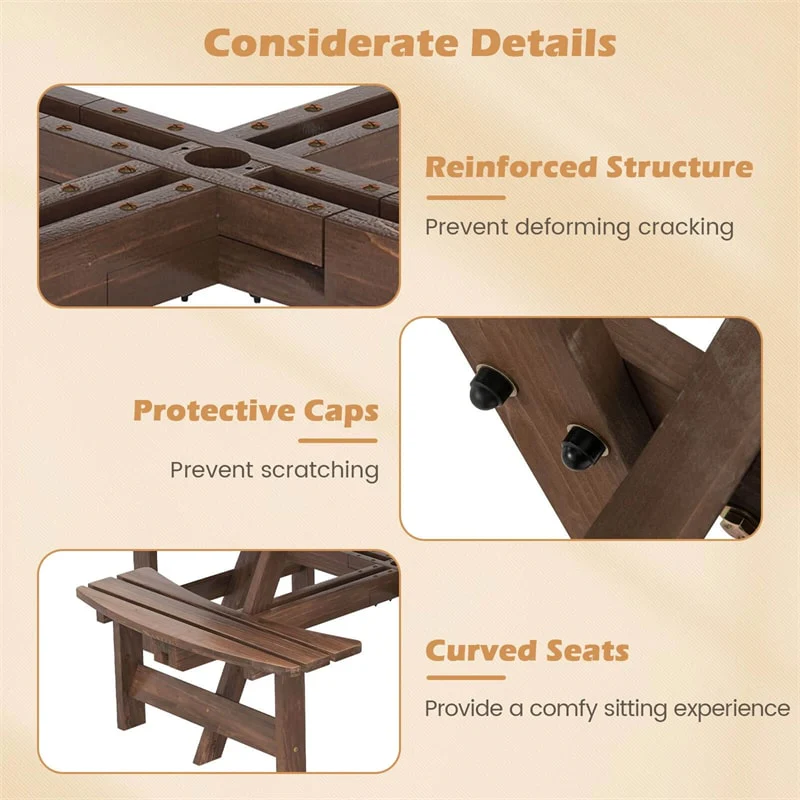 Eletriclife Oudtoor 8-Person Round Wood Picnic Table Set with 4 Built-in Benches & 2" Umbrella Hole for Patio Backyard Garden
