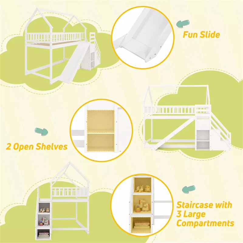 Eletriclife Twin Over Twin House Bunk Bed with Slide Staircases