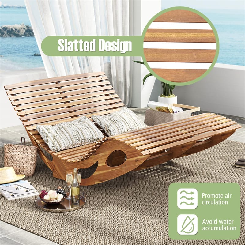 Eletriclife Acacia Wood Outdoor Double Rocking Chaise Lounge with Slatted High Backrest & Seat for Poolside