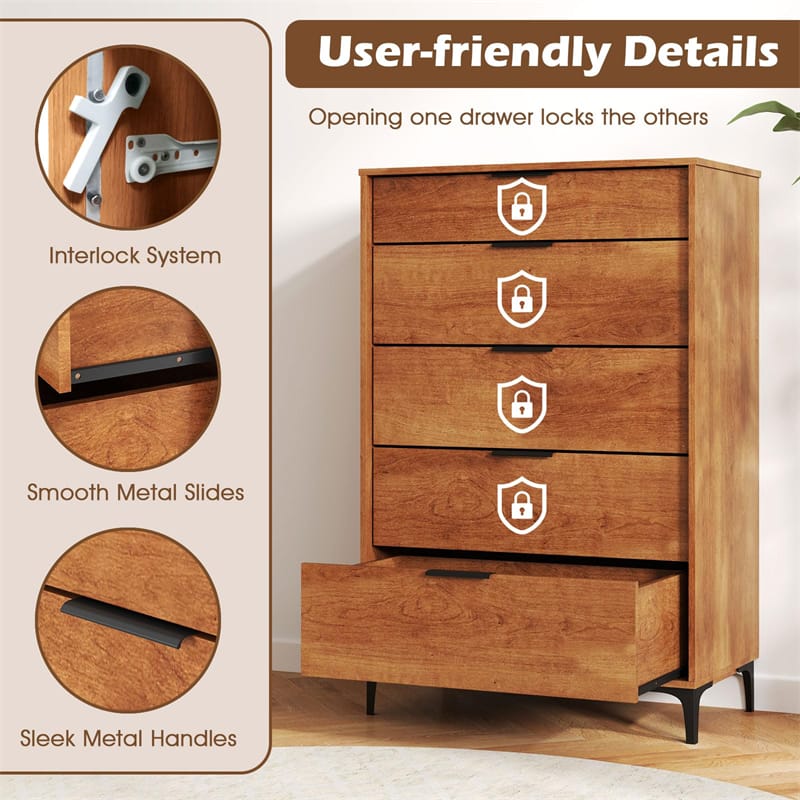 Eetriclife Mid-Century Modern 5-Drawer Dresser with Anti-Tip Interlock System