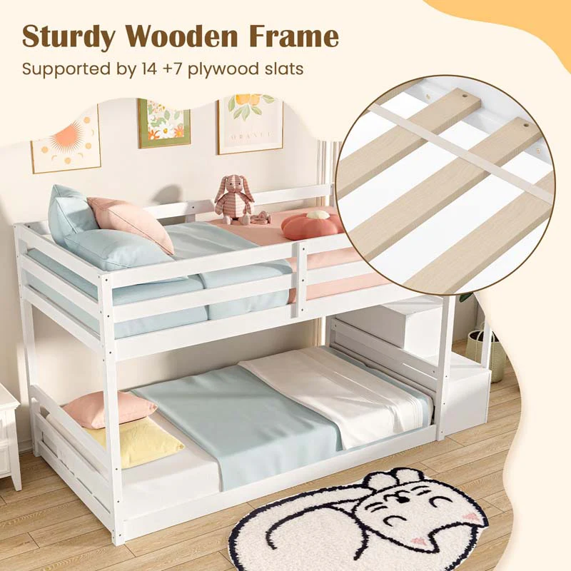 Eletriclife Twin Over Twin Low Bunk Bed Frame with Storage Stairs