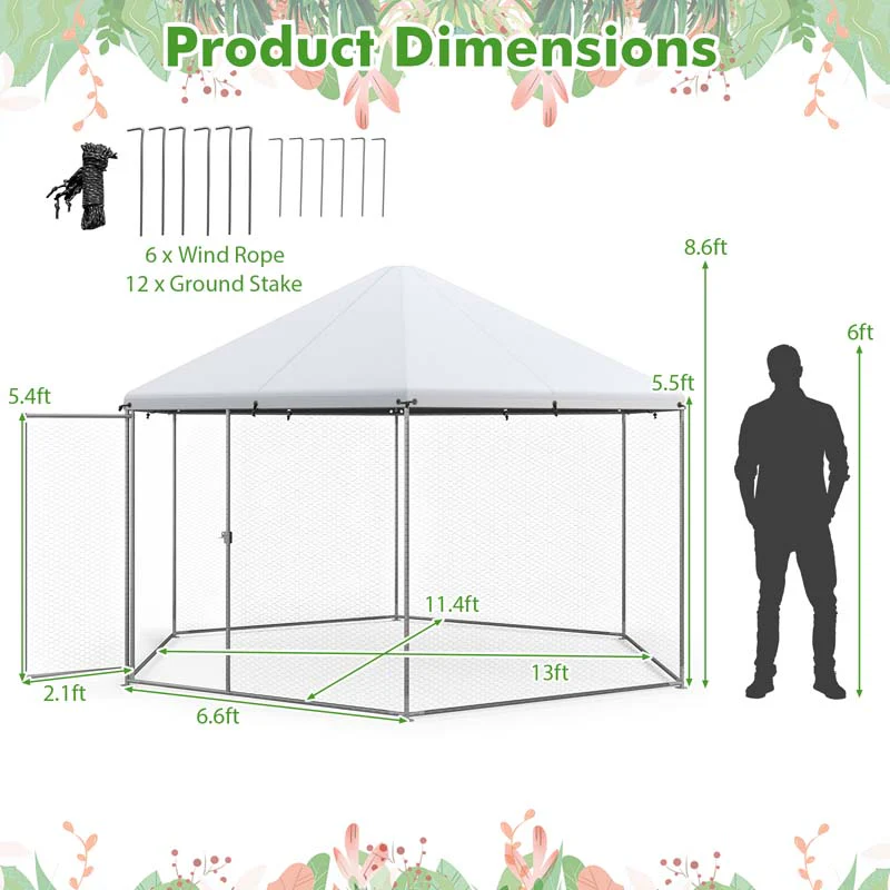 Eletriclife 13FT Large Metal Hexagonal Chicken Coop with Wire Mesh and Lockable Door