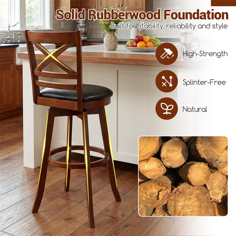 Eletriclife Set of 2 Swivel Counter Height Bar Stools 30.5" Rubber Wood Barstools with High Back