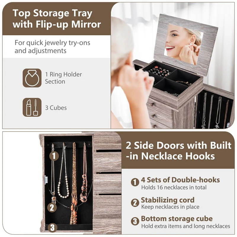 Eletriclife Standing Jewelry Armoire Cabinet with Flip Top Mirror, 5 Drawers & 2 Swing Doors