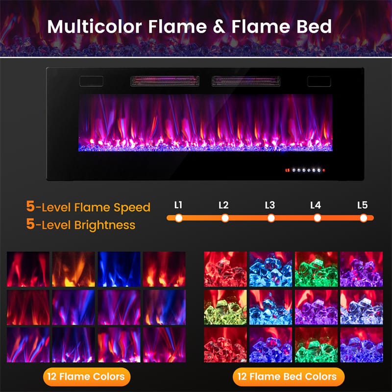 Eletriclife 42/50/60/72 Inch Ultra-Thin Smart Electric Fireplace Insert Wall Mount & Recessed Heater with Decorative Crystals
