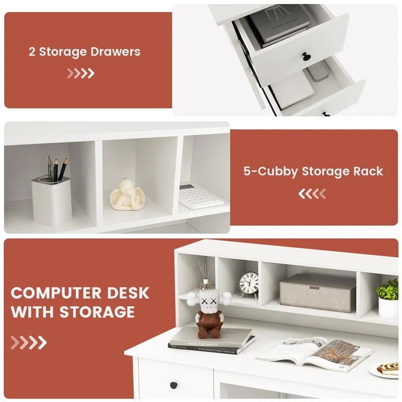 Eletriclife 48" Computer Desk with Built-in Charging Station 5-Cubby Hutch & 2 Storage Drawers for Home Office