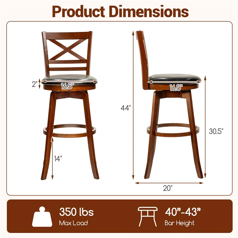 Eletriclife Set of 2 Swivel Counter Height Bar Stools 30.5" Rubber Wood Barstools with High Back