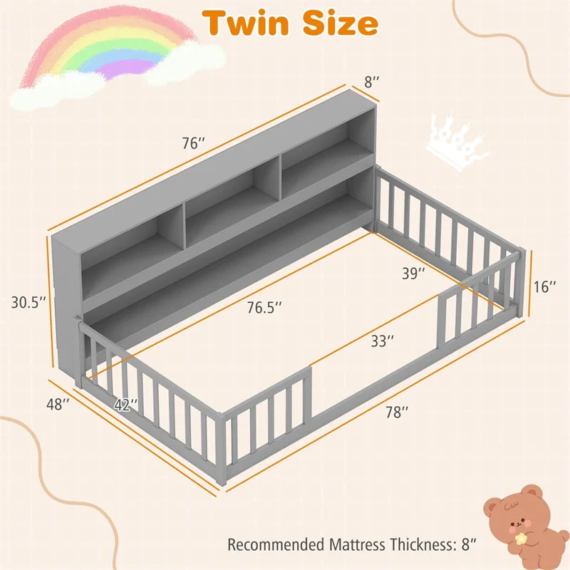 Eletriclife Twin Montessori Floor Bed with Bookcase & Safety Fence Rails for Kids
