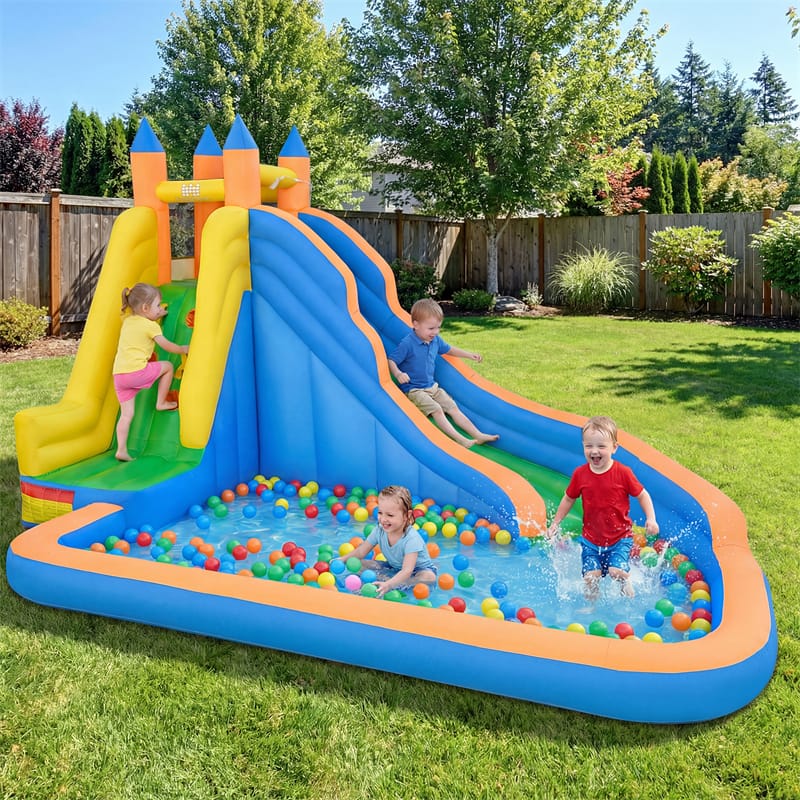 Eletriclife Inflatable Water Slide 3-in-1 Giant Bouncy Castle Water Park with Climbing Wall & Splash Pool for Kids Backyard Parties