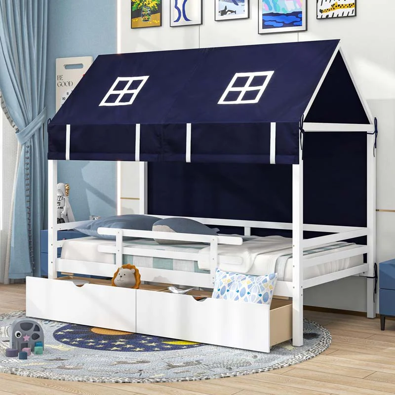 Eletriclife Kids Twin House Bed with Tent and 2 Storage Drawers