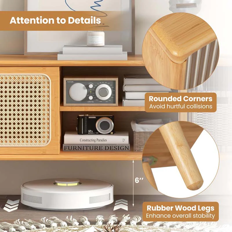 Eletriclife Modern TV Stand with Rattan Glass Sliding Doors