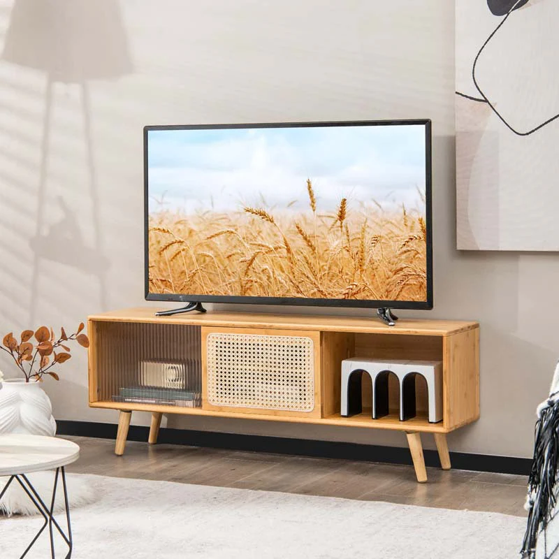 Eletriclife Modern TV Stand with Rattan Glass Sliding Doors