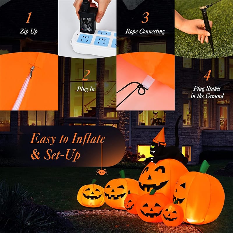 Eletriclife 7.5 FT Halloween Inflatable Pumpkin Combo with Witch Black Cat & LED Lights for Outdoor & Indoor Decorations