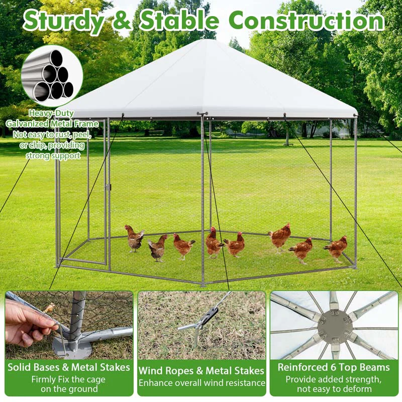 Eletriclife 13FT Large Metal Hexagonal Chicken Coop with Wire Mesh and Lockable Door