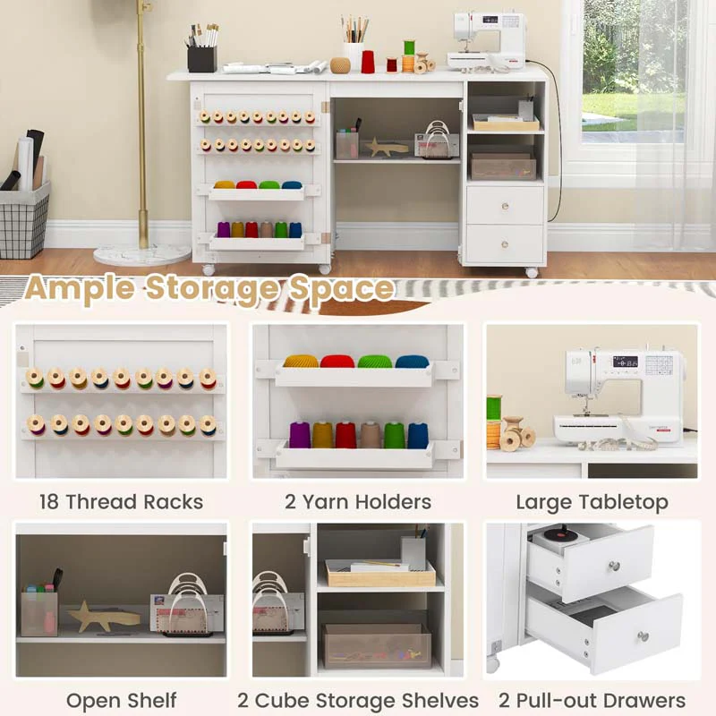 Eletriclife Folding Sewing Table with Charging Station and Storage Shelves