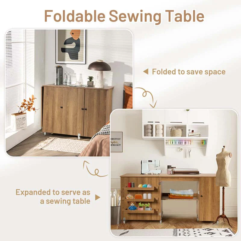 Eletriclife Folding Large Sewing Table Storage Shelves and Lockable Casters