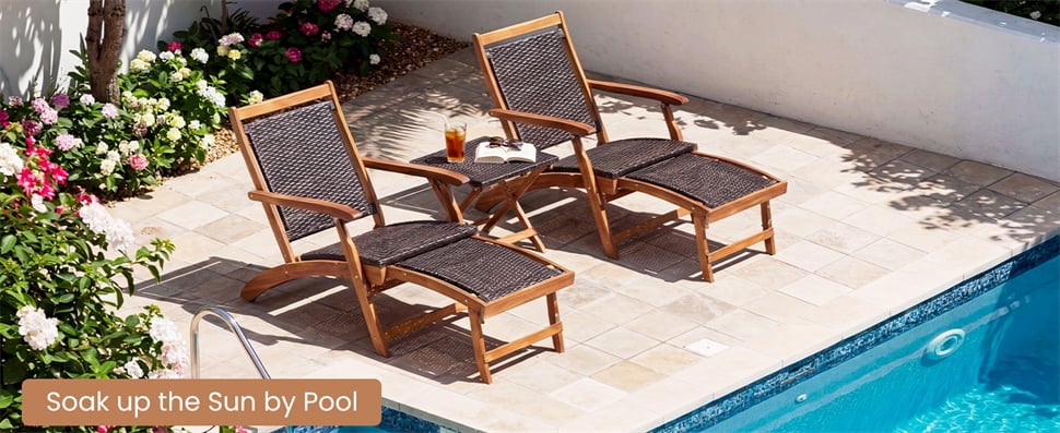 Eletriclife 3-Piece Patio Lounge Chair Set Acacia Wood Rattan Wicker Folding Chaise Lounge with Retractable Ottoman & Side Table