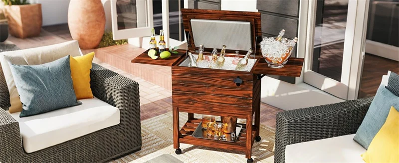 Eletriclife 54 Quart Wooden Rolling Cooler Cart Patio Ice Chest with 2 Drop Leaf Tables for Beverage Bar Party