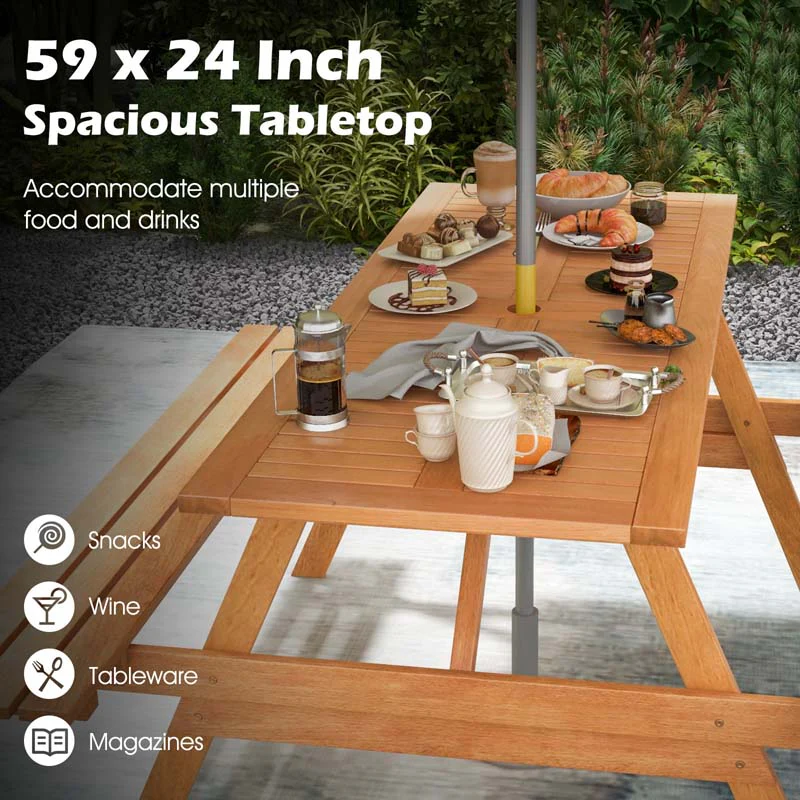 Eletriclife 6 Person Picnic Table Set Patio Rectangle with 2 Built-in Benches and Umbrella Hole