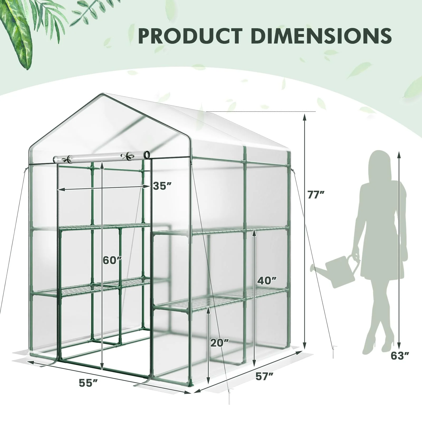 Eletriclife Walk-in Greenhouse with 3 Tiers 4 Shelves, PVC Cover, Roll-up Zippered Door